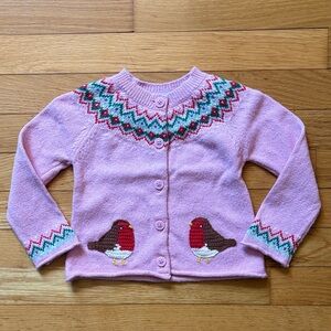 Baby Boden 12-18M Pink Fair Isle Knit Cardigan Sweater with Bird Motifs